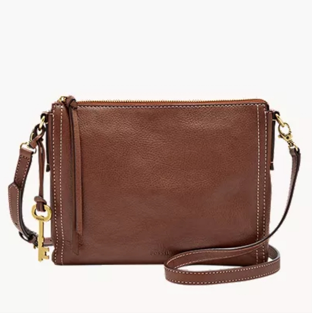 Emma by Fossil Classic Brown Leather Crossbody Purse 8x10 - Picture 2 of 8